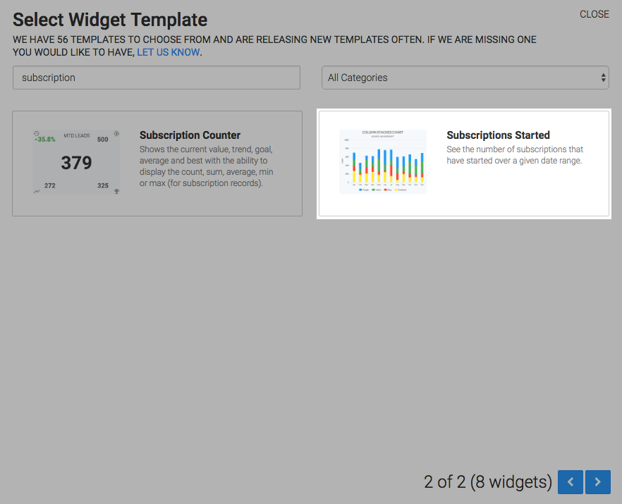 Subscriptions Started highlighted in the template library.