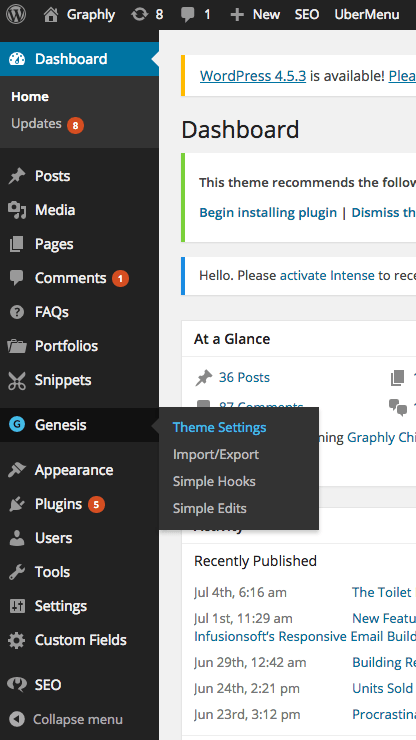 Theme settings selected under Genesis.