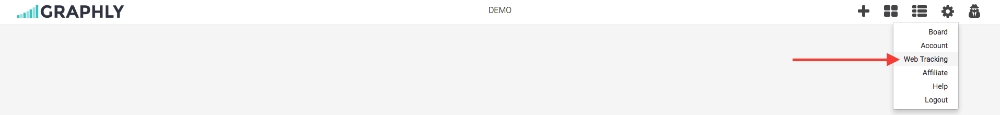 First, you'll need to get the Web Tracker script for the Infusionsoft Shopping Cart. In Graphly, click on the "Gear" icon" and select "Web Tracking" from the dropdown menu.