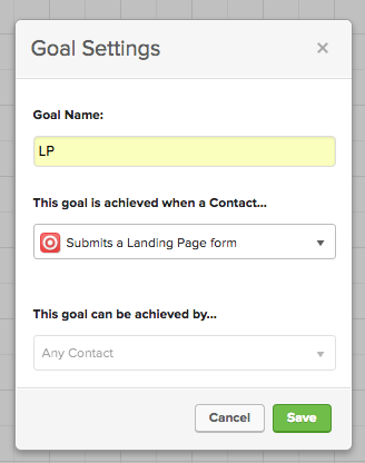 To begin, drag a goal to the canvas inside of Infusionsoft's Campaign Builder. Name the goal and change the goal type to Submits a Landing Pages form. Then click "Save".