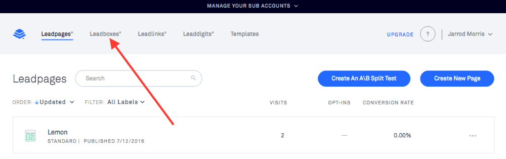 First, get logged into your Leadpages account and navigate to Leadboxes. This is for the Web Tracker