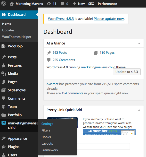First, get logged in to your WordPress site. Then hover over your child theme name and click on "settings".