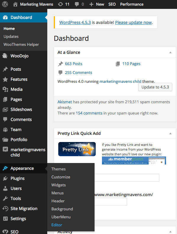 First, log into your Wordpress site. Then hover over Appearance on the side menu and click on "Editor" to begin the Web Tracker Integration