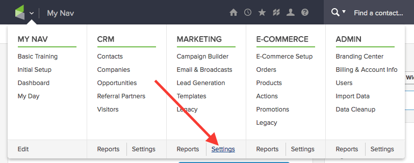 To begin, get logged into Infusionsoft and hover over the Infusionsoft icon. Then go to Marketing "Settings". for Web Tracker purposes 