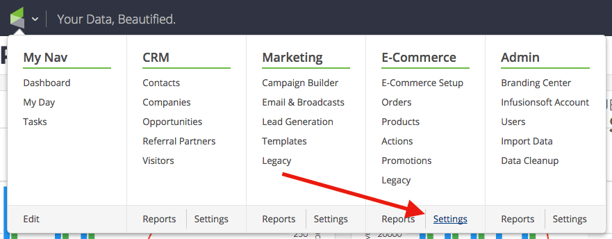 To track product unit cost, click on Infusionsoft's top menu and select Settings under the E-Commerce section