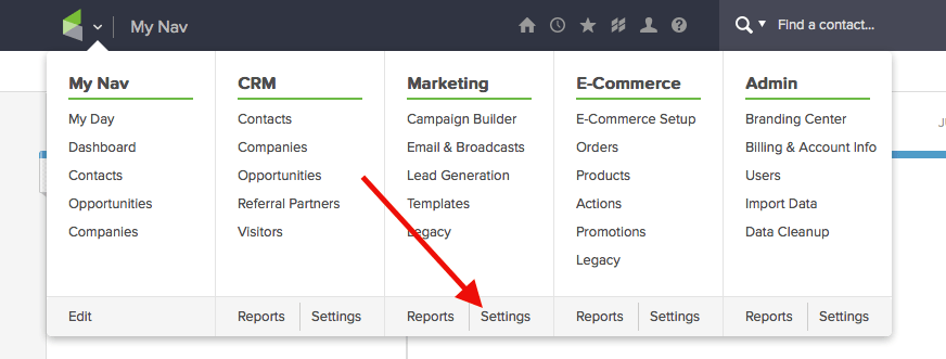 Let’s begin to track opens by hovering over the Keap icon and clicking on the the Marketing "Settings".