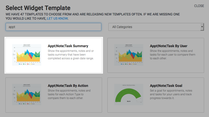 Click on the "+" button in your Graphly dashboard then type appt in the search bar to find the Appointment|Note|Task Summary report