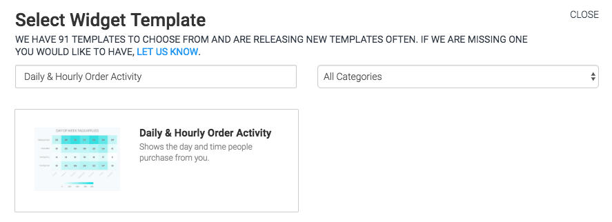 To begin, click the "+" icon and type "Daily & Hourly Order Activity" into the search bar. Then select the template.