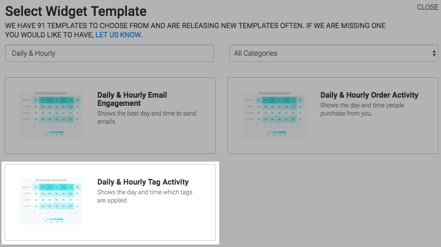 To begin, click the "+" icon and type "Daily & Hourly" into the search bar. Then select the "Daily & Hourly Tag Activity" template.