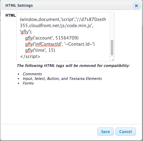 Click on the Snippets tab and drag an HTML snippet onto the top of the Thank-you page. Paste the Graphly tracking script in the box