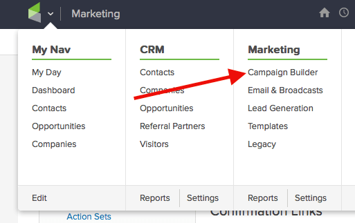 Now that we have that, let’s hover over the Keap icon, and click on "Campaign Builder" under Marketing,.