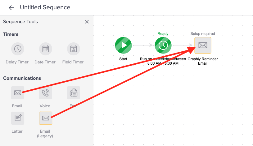 Next to the Delay Timer, drag either an "Email" or "Email (Legacy)" widget onto the canvas. 