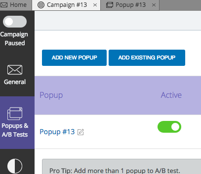 Now return to your campaign and make sure the popup is toggled to "Active".