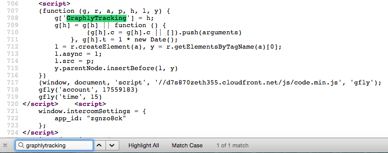 graphlytracking highlighted in the source of the page
