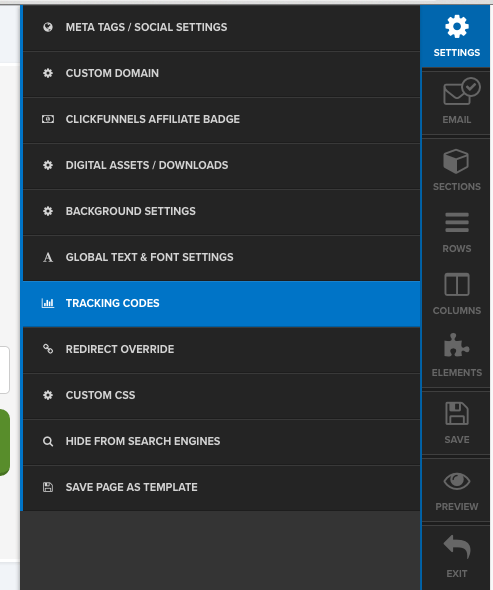 Inside Click Funnels click on "Settings" then "Tracking Codes"