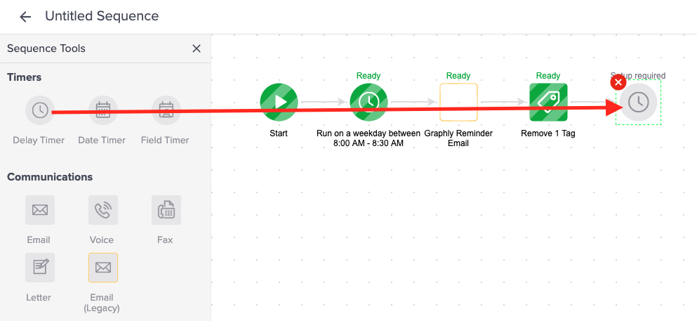 Drag a "Delay Timer" widget onto the canvas, and configure it to run after 1 hour on any day, at any time. This will control the looping for your dashboard emails.
