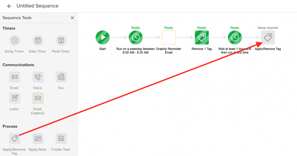 Drag another "Apply/Remove Tag" widget onto the canvas. This time, set it to apply the tag that triggers this campaign. Doing this creates the loop that allows the dashboard emails to be sent to the recipient repeatedly.