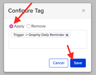 Drag another "Apply/Remove Tag" widget onto the canvas. This time, set it to apply the tag that triggers this campaign. 