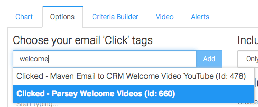 Now go to the "Options" Tab. First, choose all of your email click tags that you wish to measure.