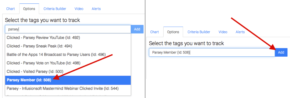 select the tag you want to track and click add