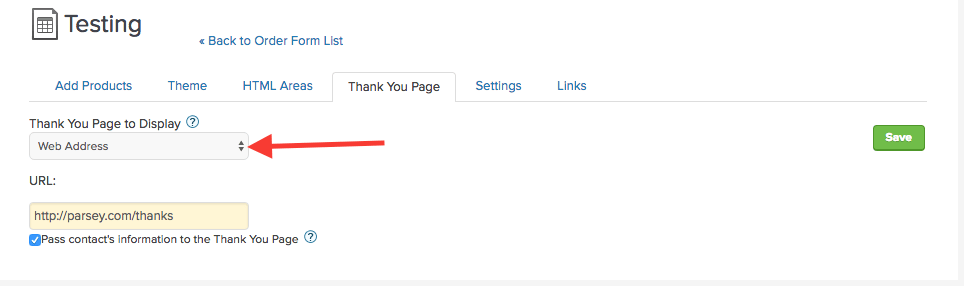 on the thank you page select web address and check the box below