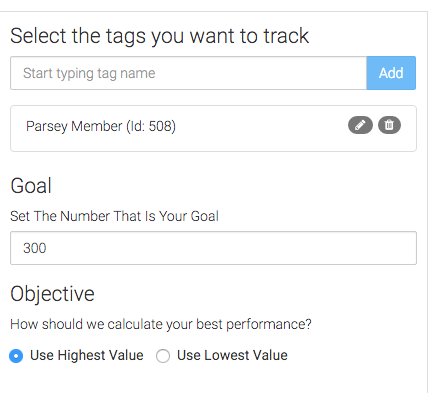 Then select the tags you want to track along with the Goal and Objective. Note that Graphly uses the Objective setting to determine the Best Performance as well as the Trend. For the Tag Counter report.
