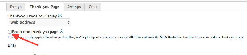 Uncheck the Redirect to thank-you page box for your Web Tracker setup