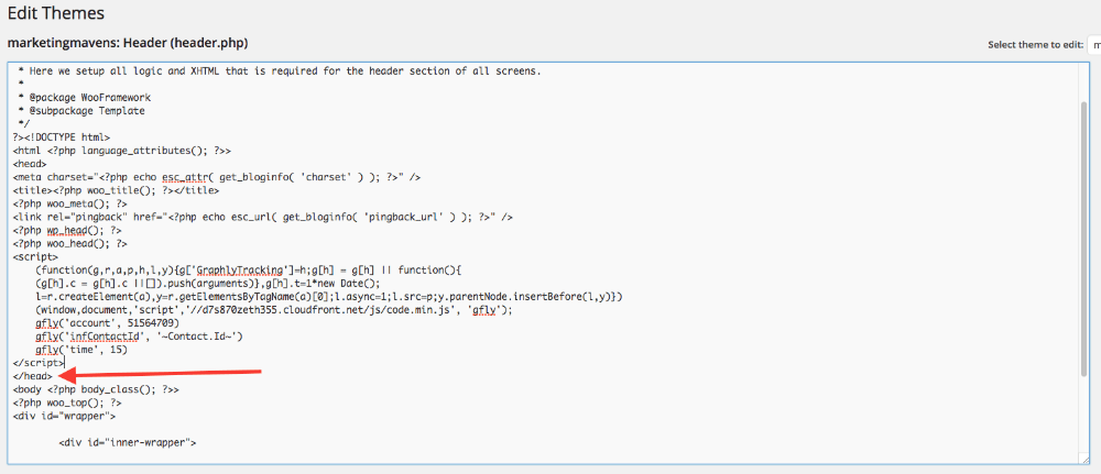 Paste the tracking script before the close of the head tag. The closing head tag will look like this:</head> If you don't know where the tracking script is, you can click here to read about how to set up Graphly's Web Tracker.