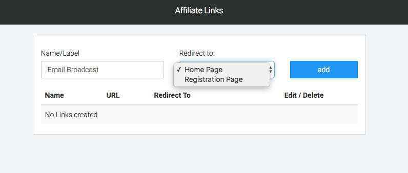 give your link a label, select a redirect page, and click add.