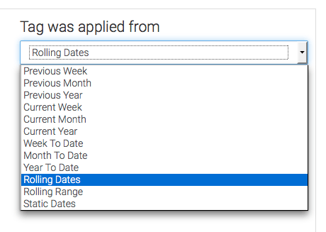 Next, define the time frame you wish to look at based on when the open or click took place. Essentially, when the tag got applied. I'm going to leave this as Rolling Dates, but set it to look at the last 21 Days. That way I'm looking across a few weeks as apposed to one, ultimately supplying me with more data that is more accurate.