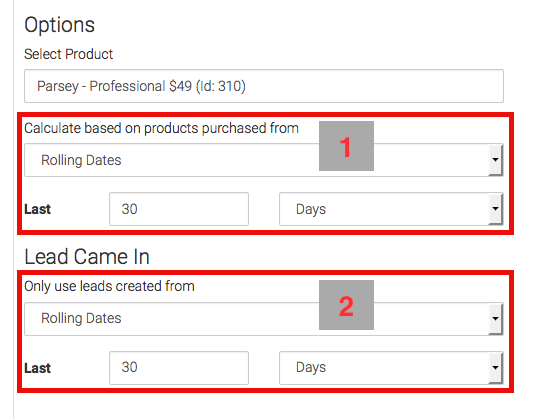 Date Ranges for purchase and lead creation defined.