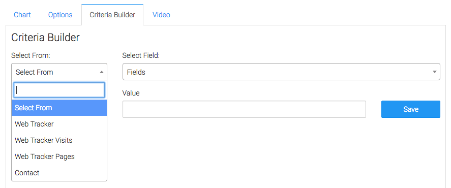 Criteria builder tab showing options of the first drop-down.