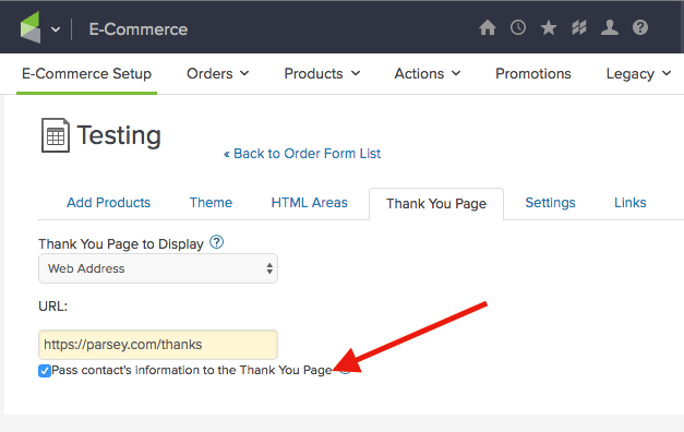 check the box under the URL field in the order form builder on the thank you page