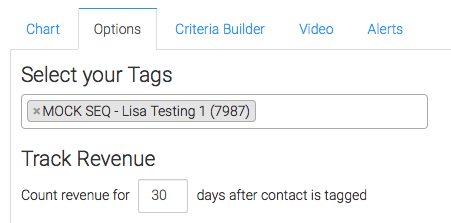 Click on the "Options" Tab and select the tags which you wish to measure, and select how long you would like to track revenue.