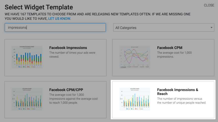As with all reports, you first need to click on the "+" icon in the top right-hand corner of your Graphly dashboard. Type "impressions" into the search bar and click on the "Facebooks Impressions & Reach" template. 