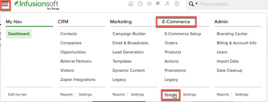 instructions to find lifetime value report inside of Infusionsoft. 