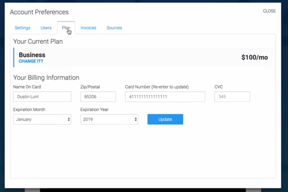Now click on the "Plan" tab. Here you can update your billing information. After you have done that, click update.(How to Reactivate Graphly)
