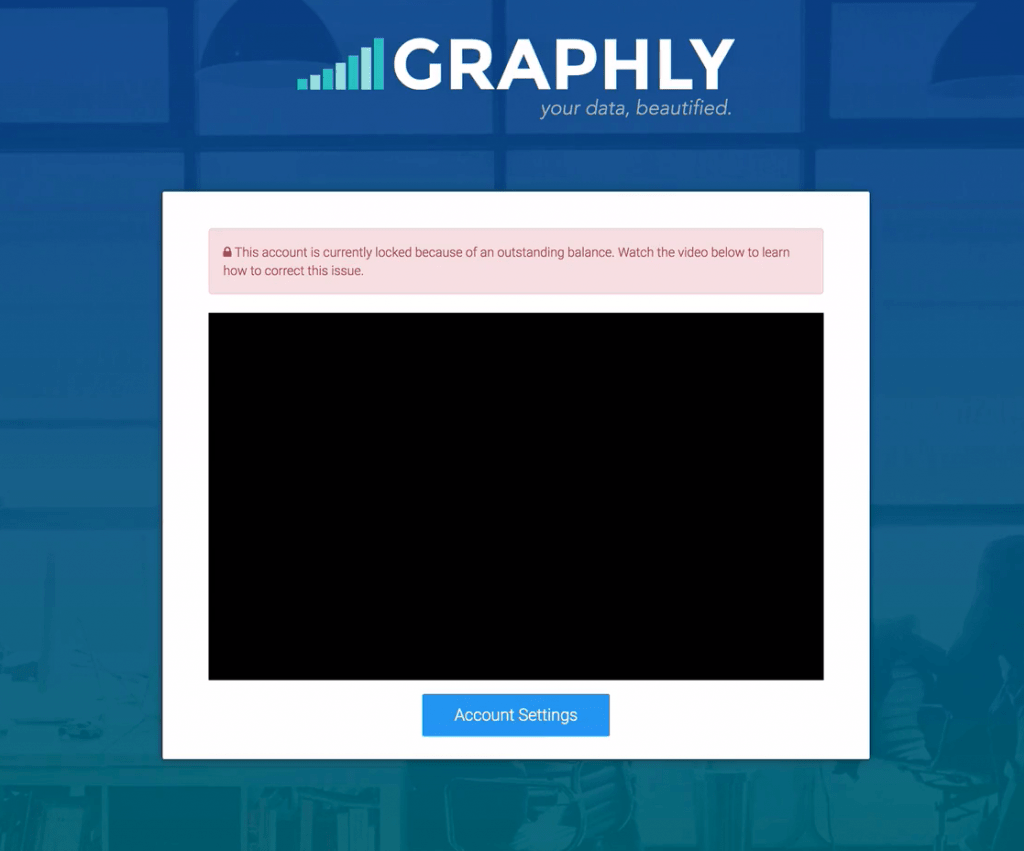 If your account was closed because of an outstanding payment, this is the screen you will see went logging into Graphly. Go ahead and click on the Account Settings button at the bottom of the screen.